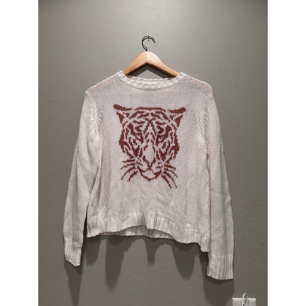 Wooden‎ Ships White Brown Tiger Face Cotton Sweater Size Small/Medium